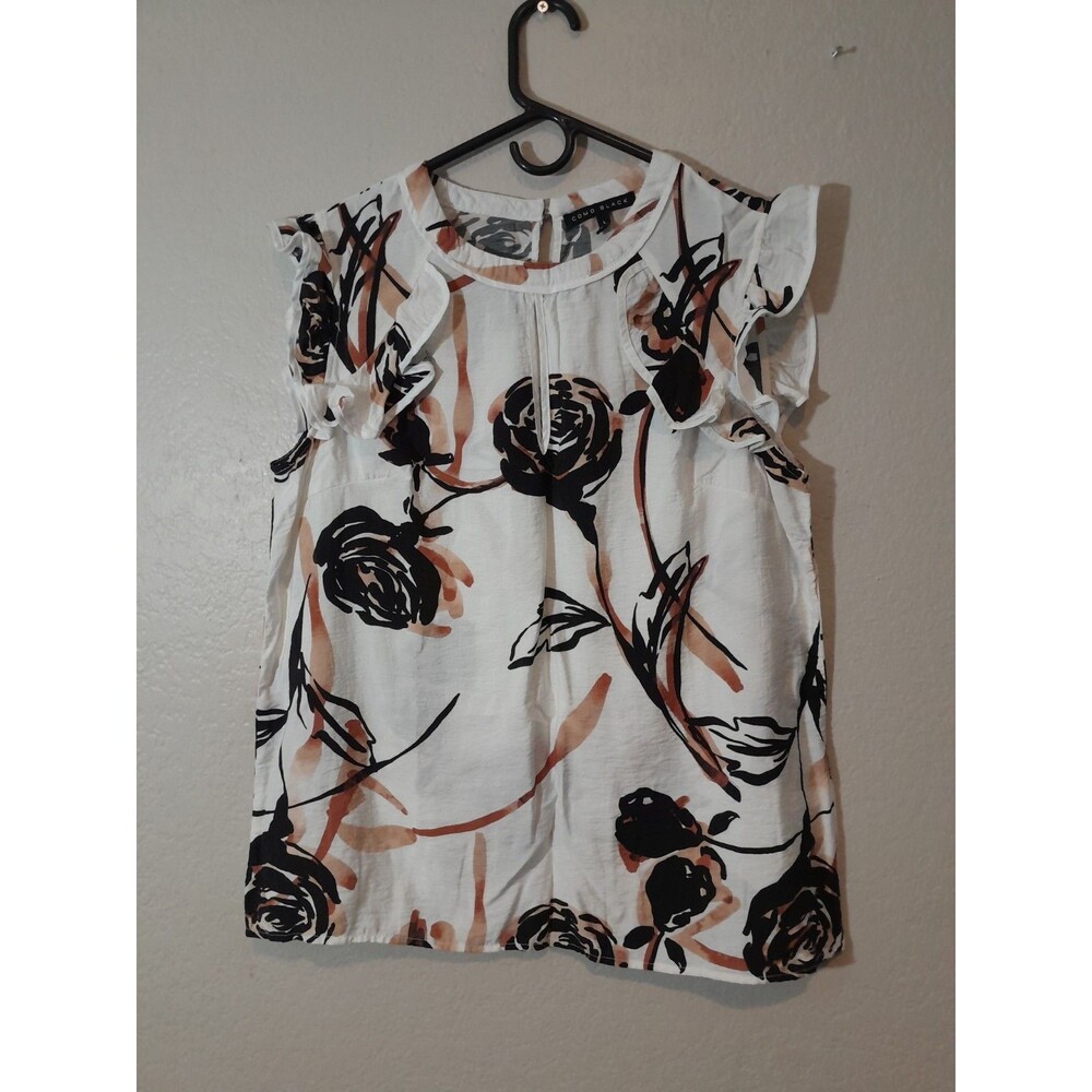 Como Black Women's L White/Black/Orange Floral Ruffle Sleeve Pullover Blouse